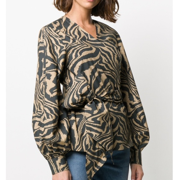 Ganni Zebra Print Poplin Wrap Top - Picture 4 of 8